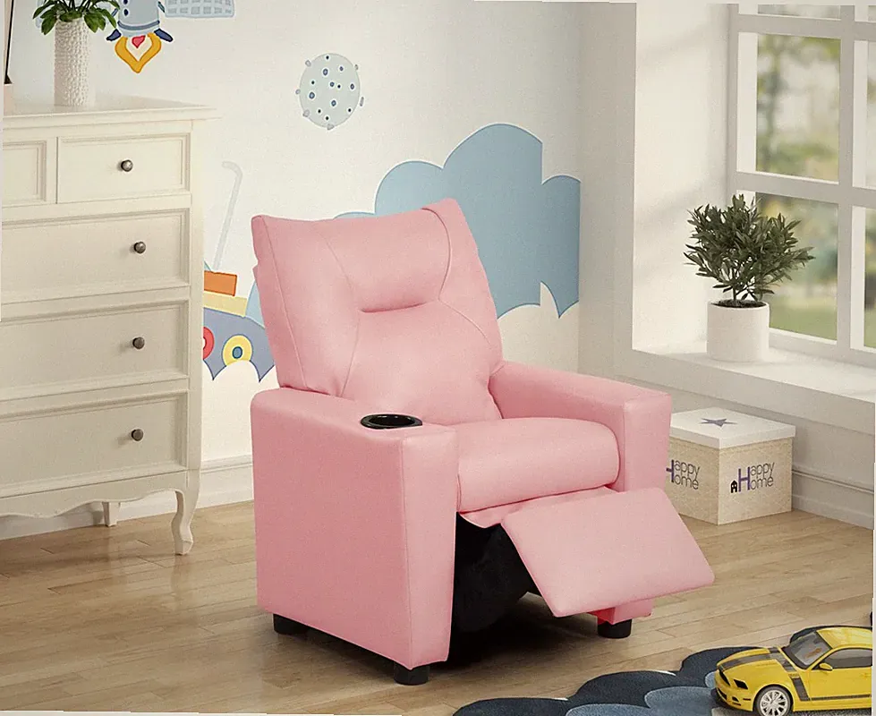 23"W Pink PVC Fabric Kids Recliner Chair with Cupholder