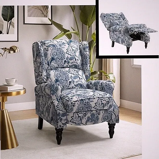 Blue Floral Wingback Manual Pushback Armchair Recliner Arm Chairs Recliners New