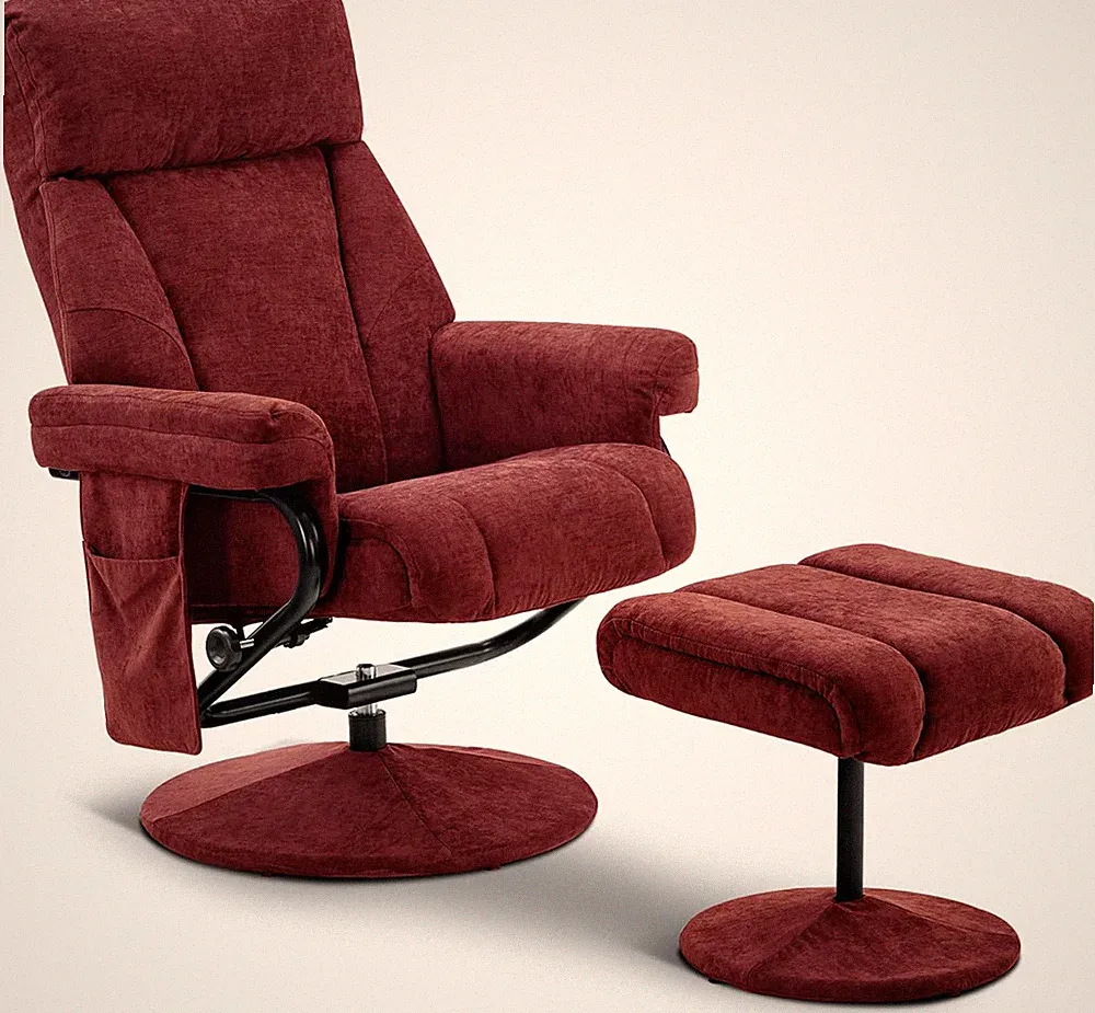 Burgundy Swivel Recliner & Ottoman with Vibration Massage for Small Spaces