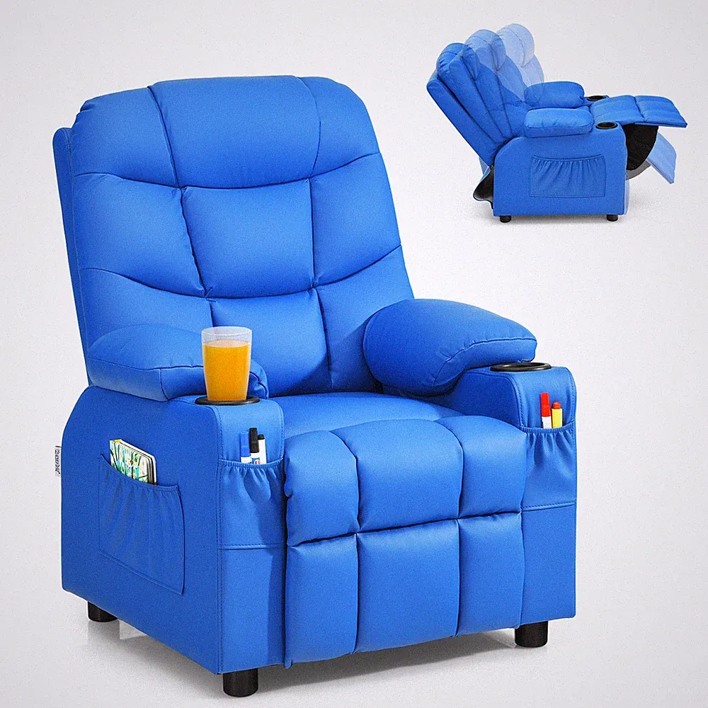 Costway Kids Youth Recliner Chair PU Leather w/Cup Holders & Side Pockets Blue