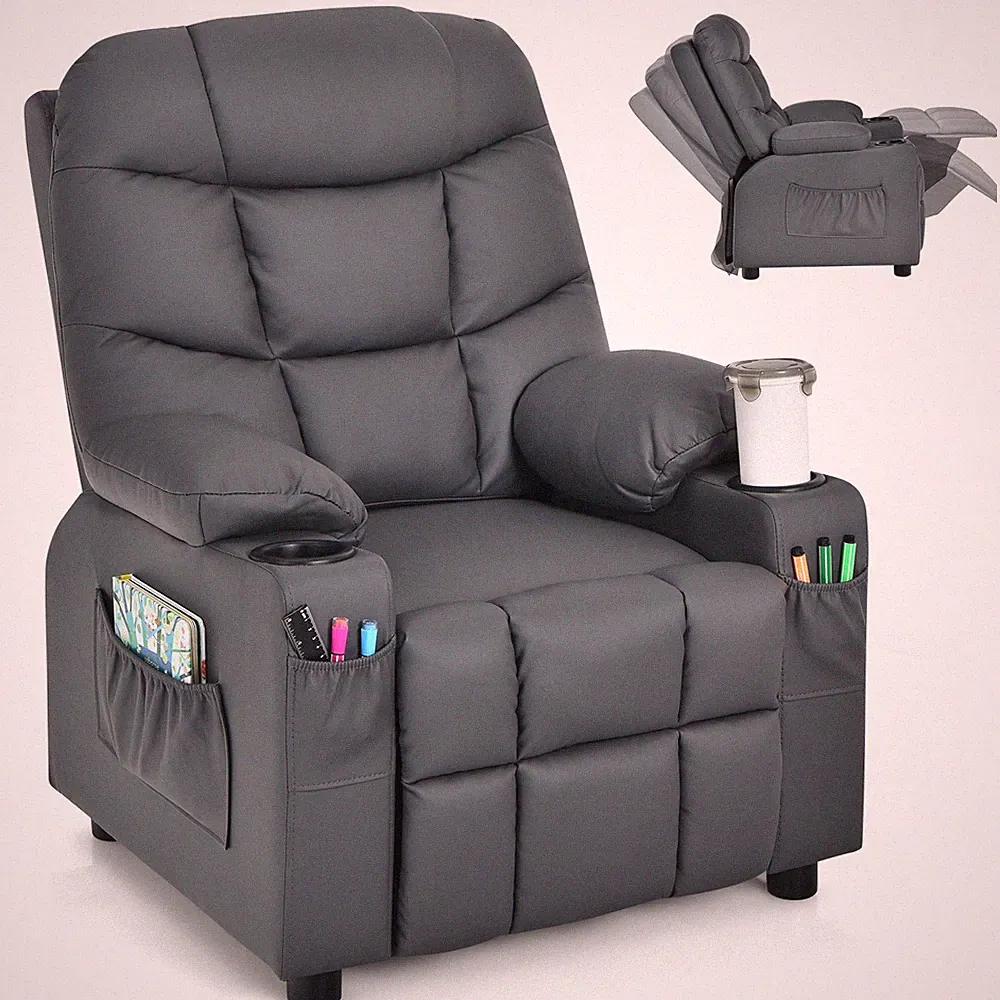 Costway Kids Youth Recliner Chair PU Leather w/Cup Holders & Side Pockets Grey