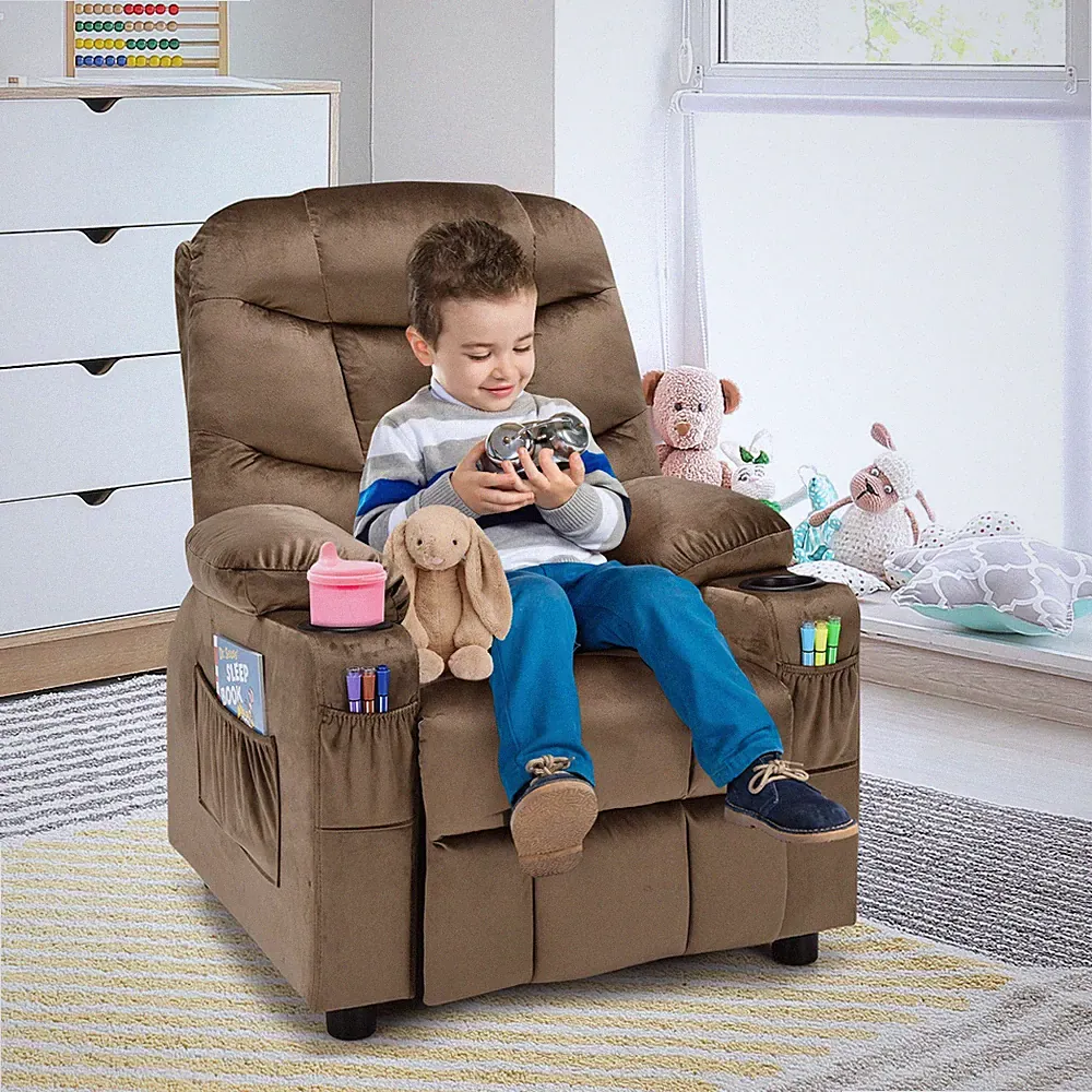 Costway Kids Youth Recliner Chair Velvet Fabric Armrest Sofa w/Cup Holder Brown