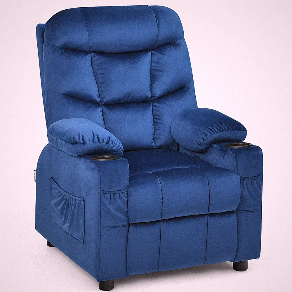 Costway Kids Youth Recliner Chair Velvet Fabric w/Cup Holder & Side Pocket Blue