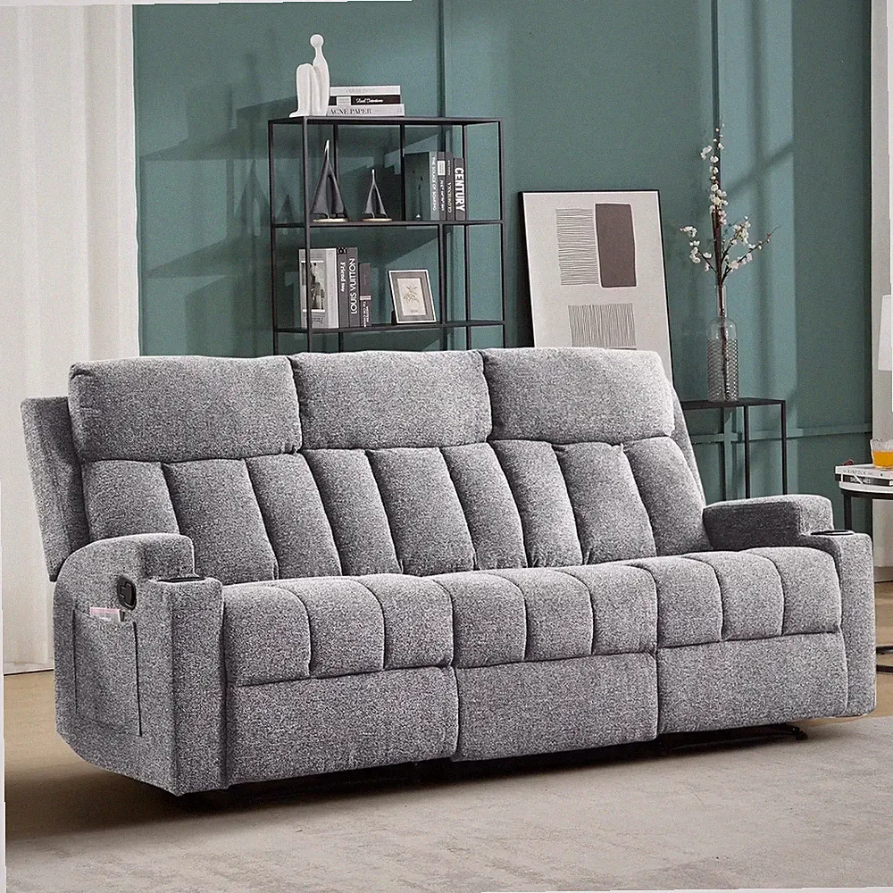 EBELLO Manual Recliner Sofa Set, 3 Seat Recliner with Side Pockets & Cup Holders
