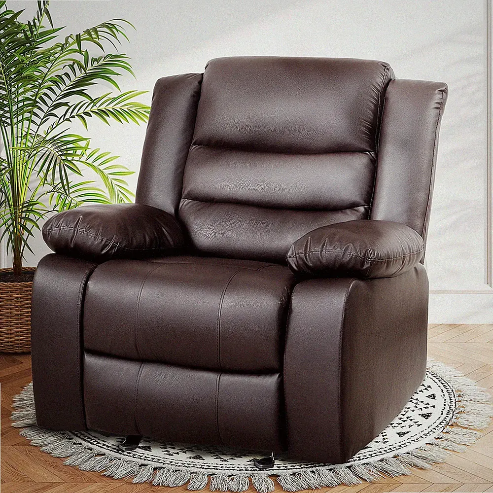 Home Theater Oversized Recliner Swivel Rocking Chair Brown Leather