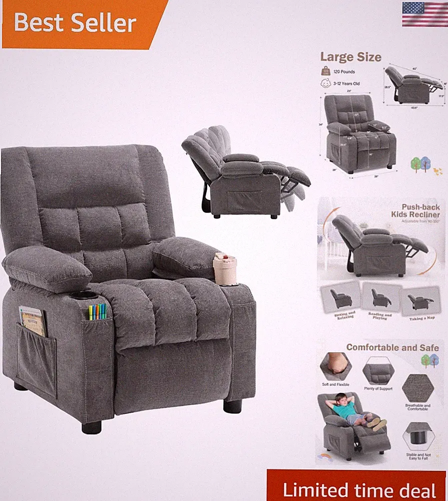 Kids Recliner Chair， Push Back Toddler Recliner with Cup Holders & Side Pocke...