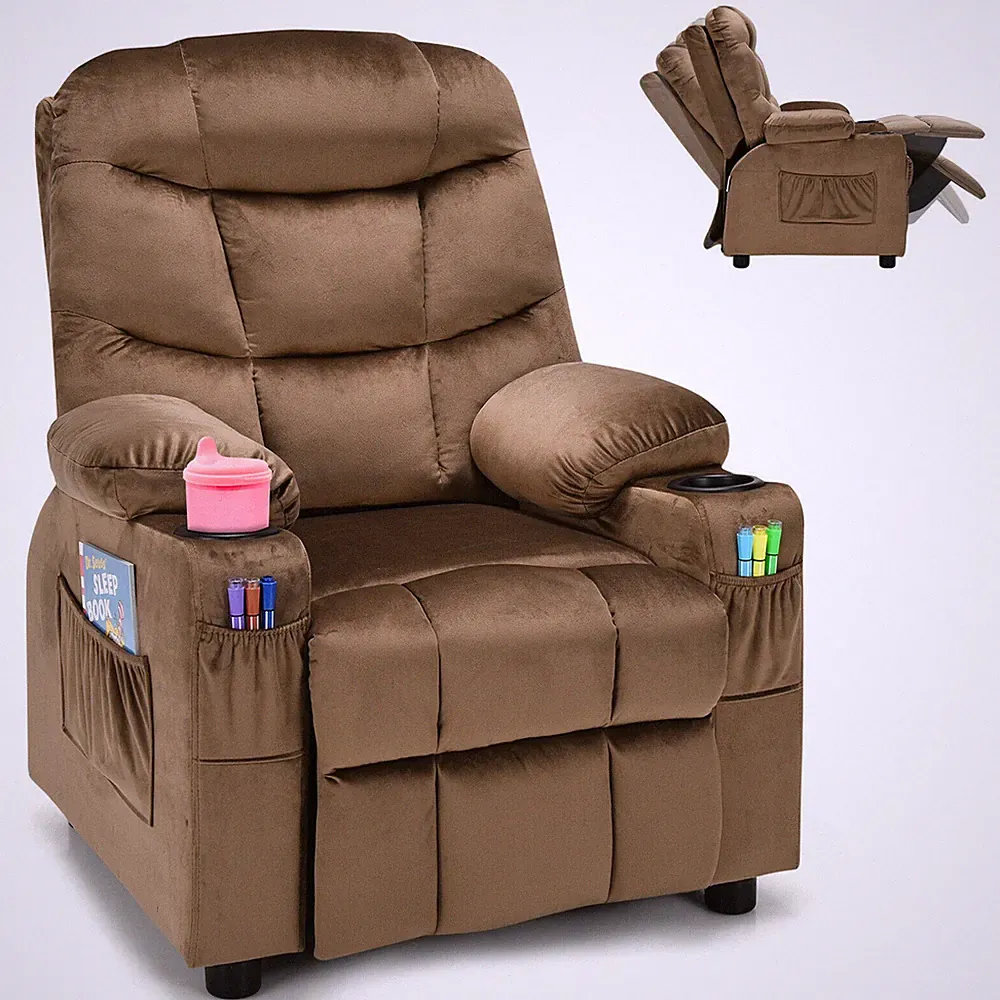 Kids Youth Recliner Chair Velvet Fabric w/Cup Holder & Side Pocket Brown