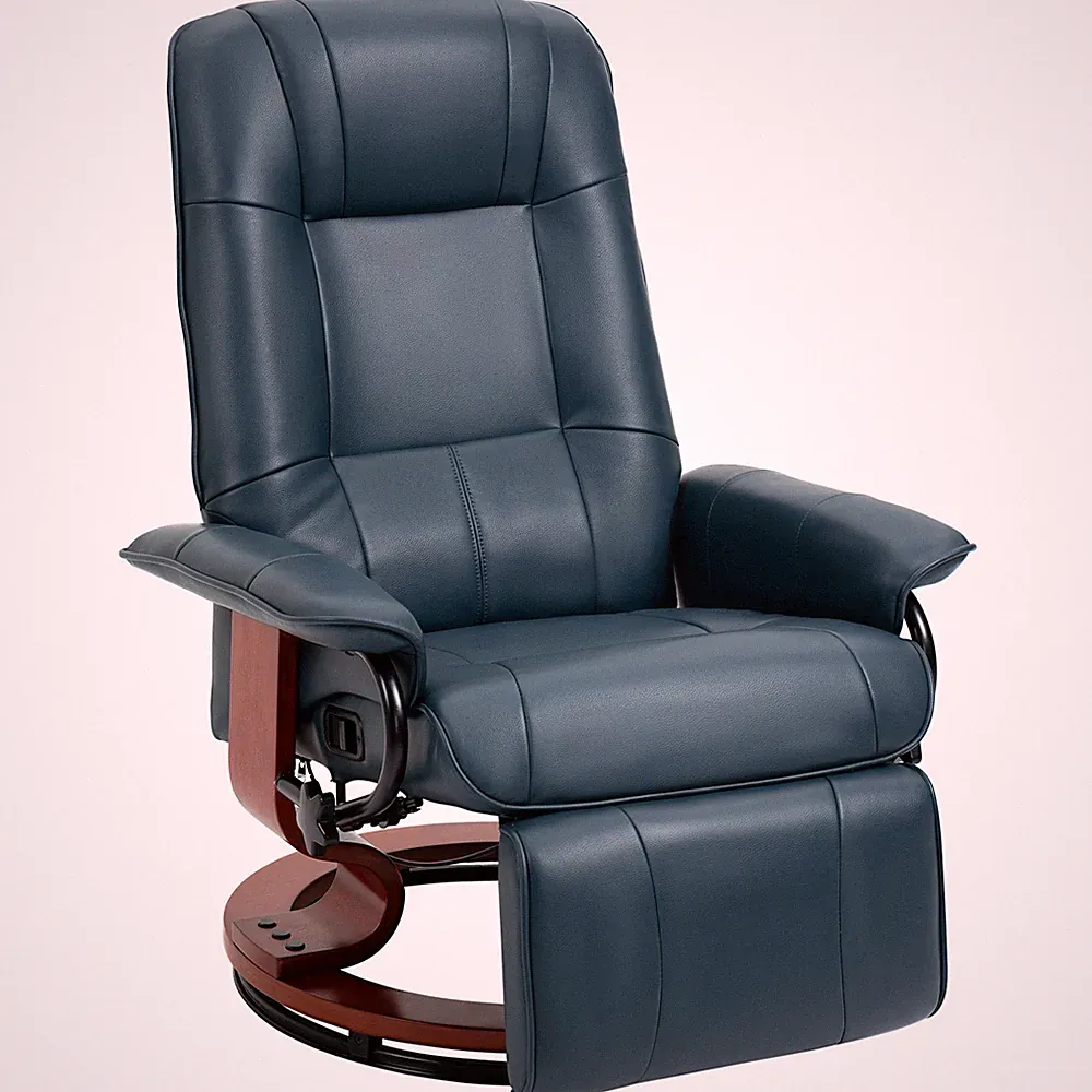 Manual Swivel Recliner Chair Faux Leather w/ Footrest Wood Base Blue