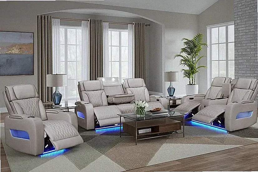 NEW Beige Gray LED Power Recliner & Adj Headrest 3PC Sofa Set Bluetooth Speaker