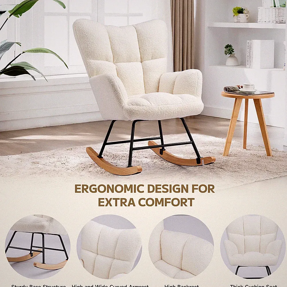 Rocking Chair Cozy Reading Recliner Fluffy Comfortable Chair for Bedroom Beige