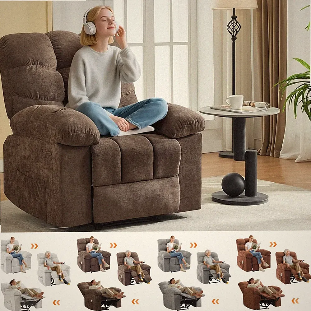 Wide Oversized Massage Recliner Rocking Chair with Heat Side Pockets Living Room